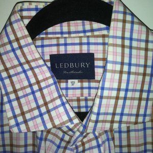 Ledbury: Men's Blue, Brown & Pink Check. Barrel cuffs, Neck: 17.5 Sleeve: 37